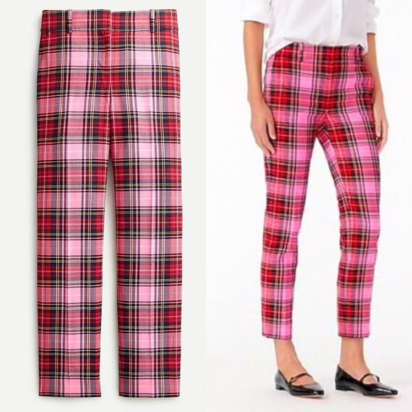 J. Crew Cameron Slim Crop Pant Pink Stewart Tartan Plaid Red Wool Blend Lined 0 - Picture 1 of 6